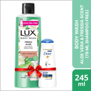 Lux Body Wash Freesia Scent & Aloe Vera 245ml With 79ml Dove Shampoo Free
