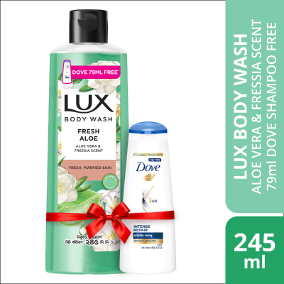 Lux Body Wash Freesia Scent & Aloe Vera 245ml With 79ml Dove Shampoo Free
