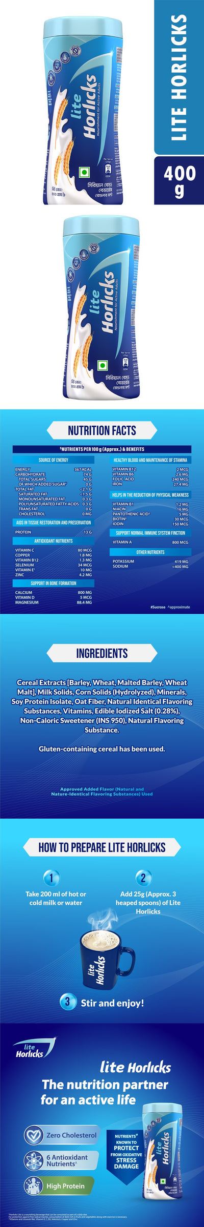 Horlicks Lite Health and Nutrition Drink Jar 400g (Powder Drink)