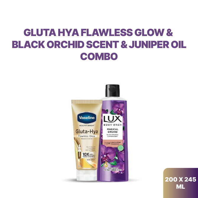Vaseline Gluta Hya Flawless Glow Serum in Lotion 200ml & Lux Body Wash Black Orchid Scent & Juniper Oil 245ml Combo