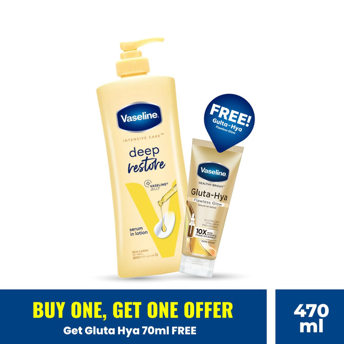 Vaseline Lotion Deep Restore 400ml With Gluta-Hya Flawless Glow Serum 70ml Free
